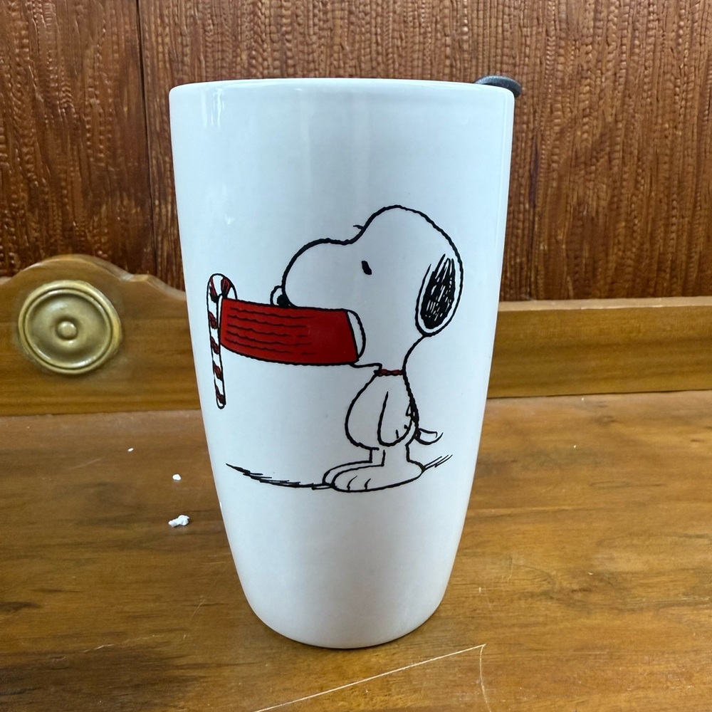 White Snoopy Mug with Candy Cane stoneware